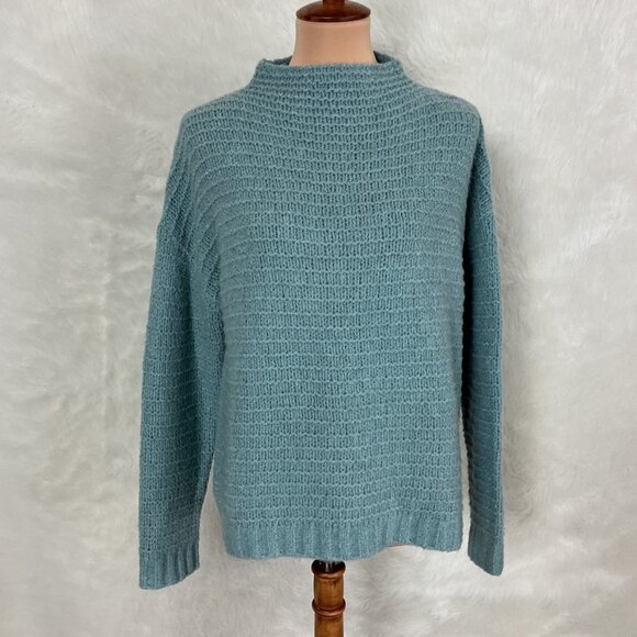 Garnet Hill Green Mock Neck Ribbed Knit Cashmere Blend Boucle Cropped Sweater M - Picture 1 of 7